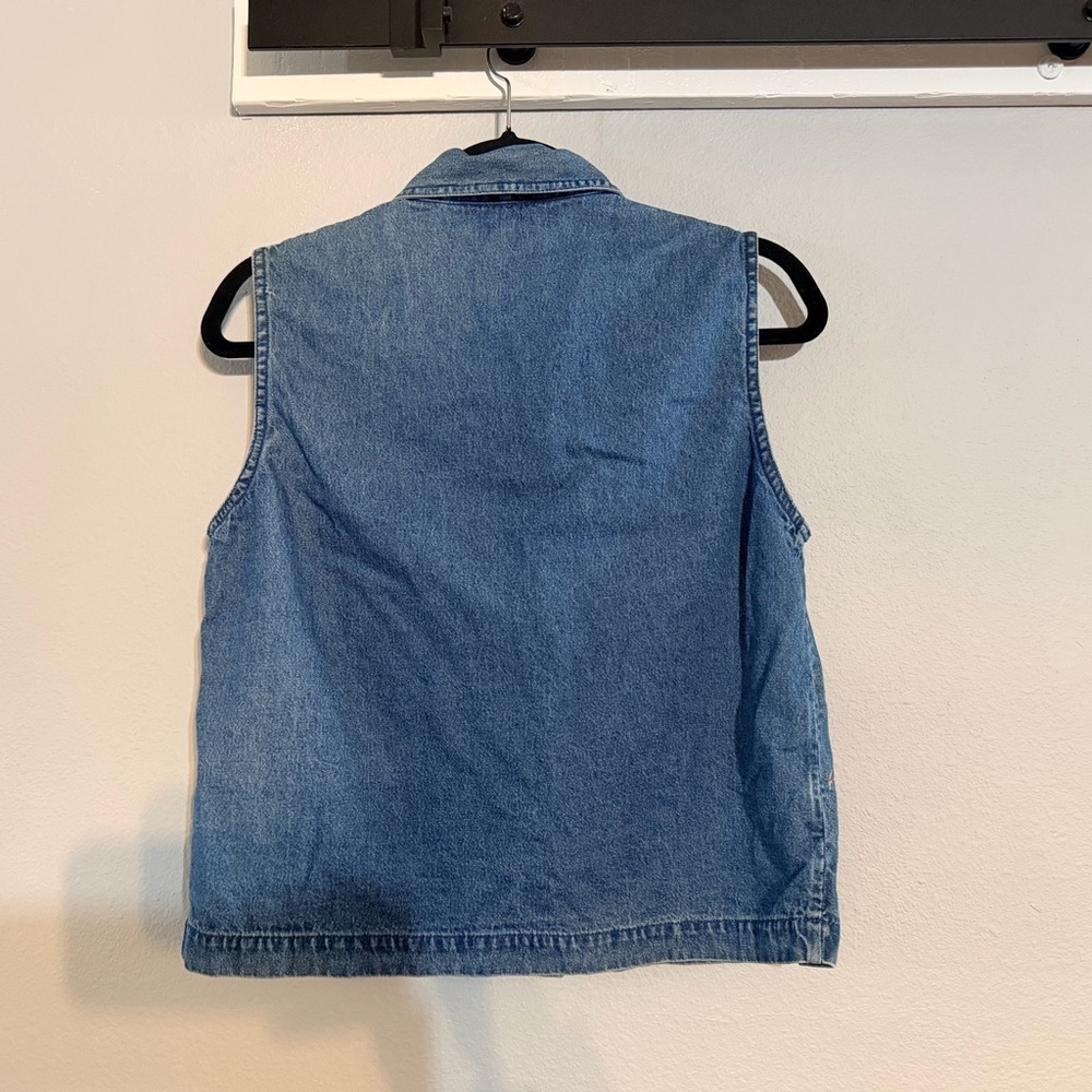 Vtg Embroidered Button Front Denim Vest Medium Leaves Patchwork Velvet Fall - Picture 6 of 8